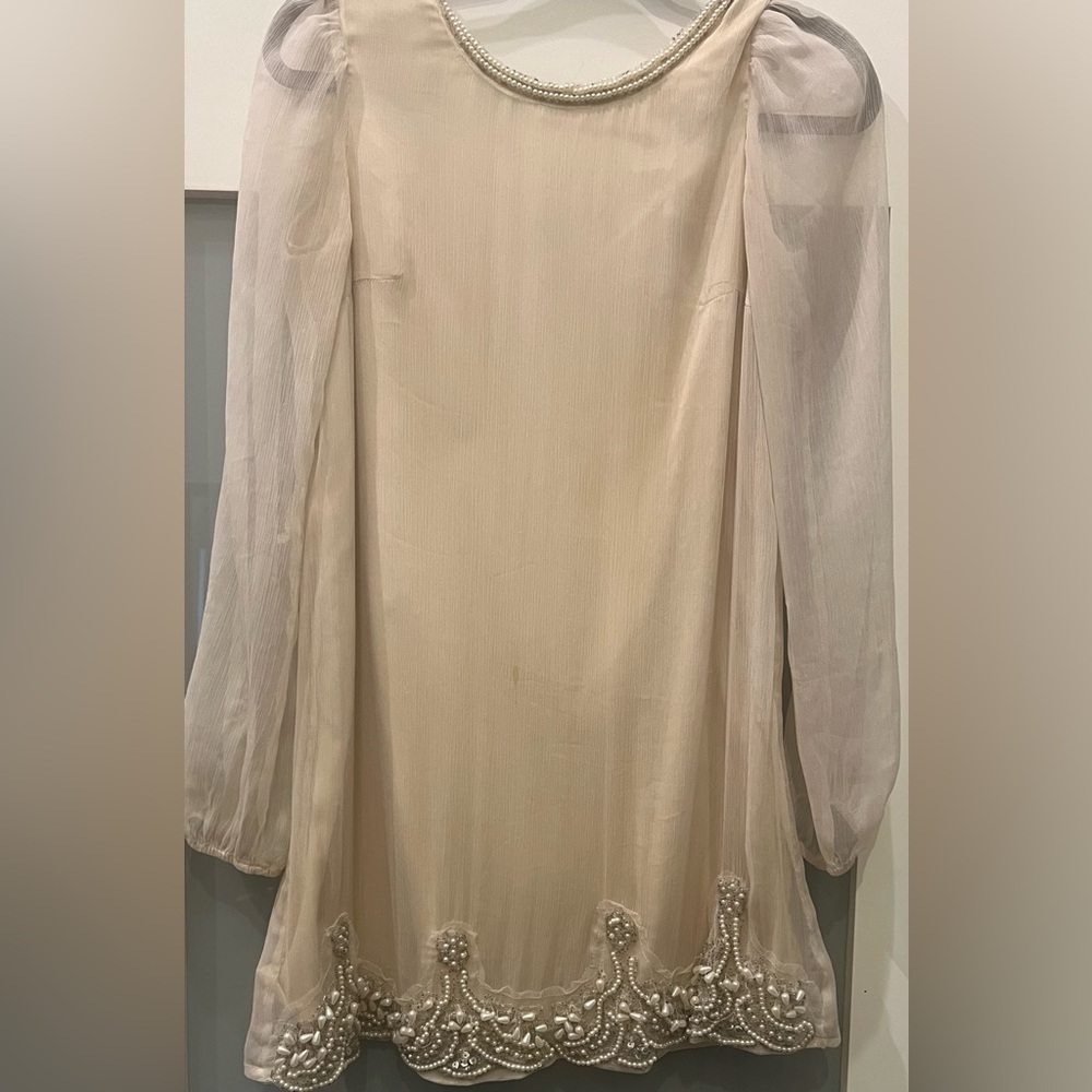 ARC and CO. Elegant Cream Pearl Beaded Dress w/ Sheer Sleeves Size Small